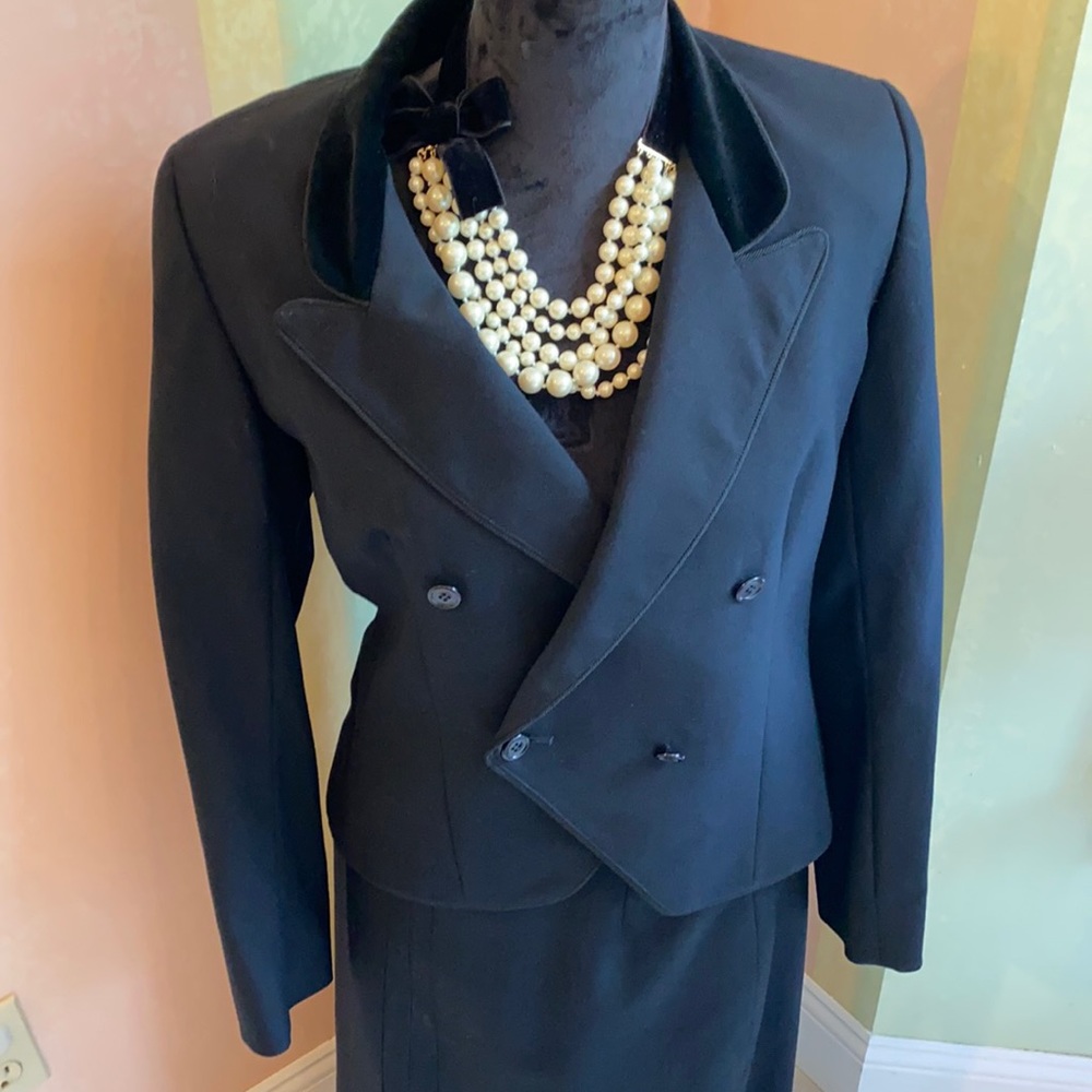 Vintage 60s Harvé Benard suit. Classic black with velvet collar and long skirt.